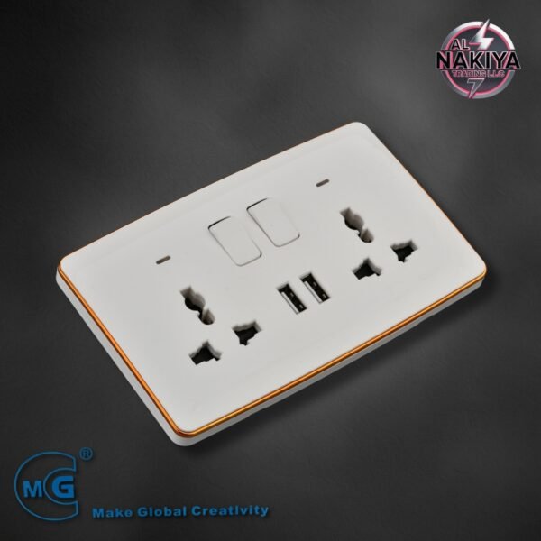 MULTI 13A SOCKET DOUBLE WITH SWITCH, NEON USB + C TYPE (WHITE+GOLD)