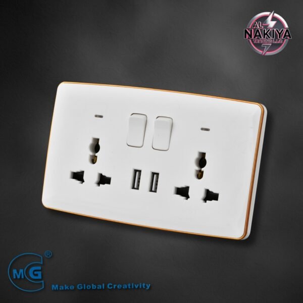 MULTI 13A SOCKET DOUBLE WITH SWITCH, NEON USB + C TYPE (WHITE+GOLD)