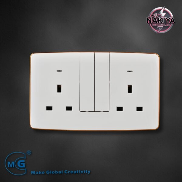13A SOCKET DOUBLE WITH SWITCH AND NEON (BIG BUTTON) (WHITE+GOLD)