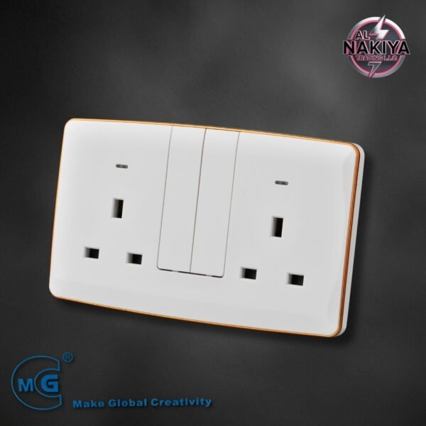 13A SOCKET DOUBLE WITH SWITCH AND NEON (BIG BUTTON) (WHITE+GOLD)