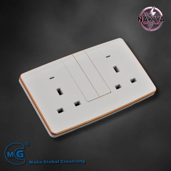 13A SOCKET DOUBLE WITH SWITCH AND NEON (BIG BUTTON) (WHITE+GOLD)