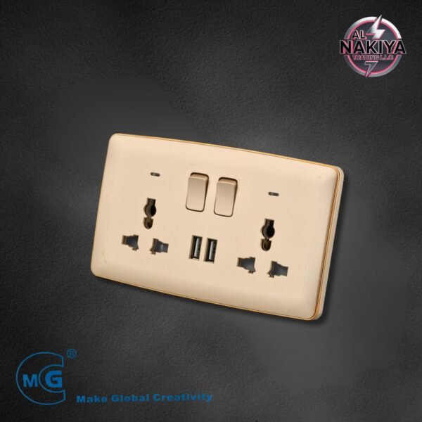 MULTI 13A SOCKET DOUBLE WITH SWITCH, NEON USB + C TYPE (GOLD+GOLD)