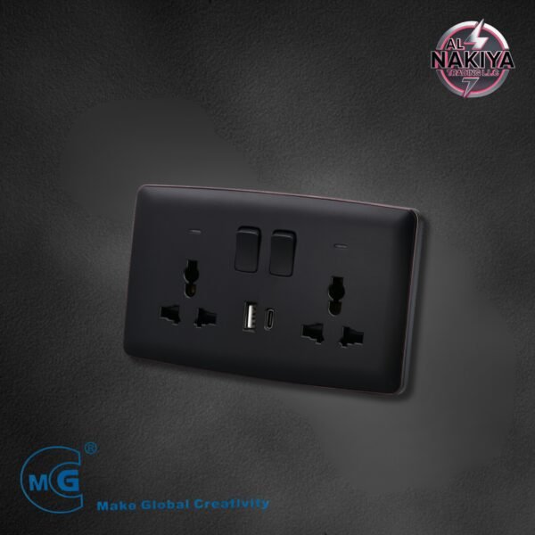 MULTI 13A SOCKET DOUBLE WITH SWITCH, NEON USB + C TYPE (BLACK +SILVER)
