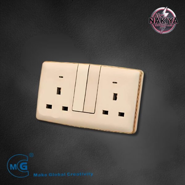 13A SOCKET DOUBLE WITH SWITCH AND NEON (BIG BUTTON) (GOLD+GOLD)