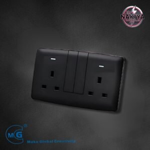 13A SOCKET DOUBLE WITH SWITCH AND NEON (BIG BUTTON) (BLACK +SILVER)